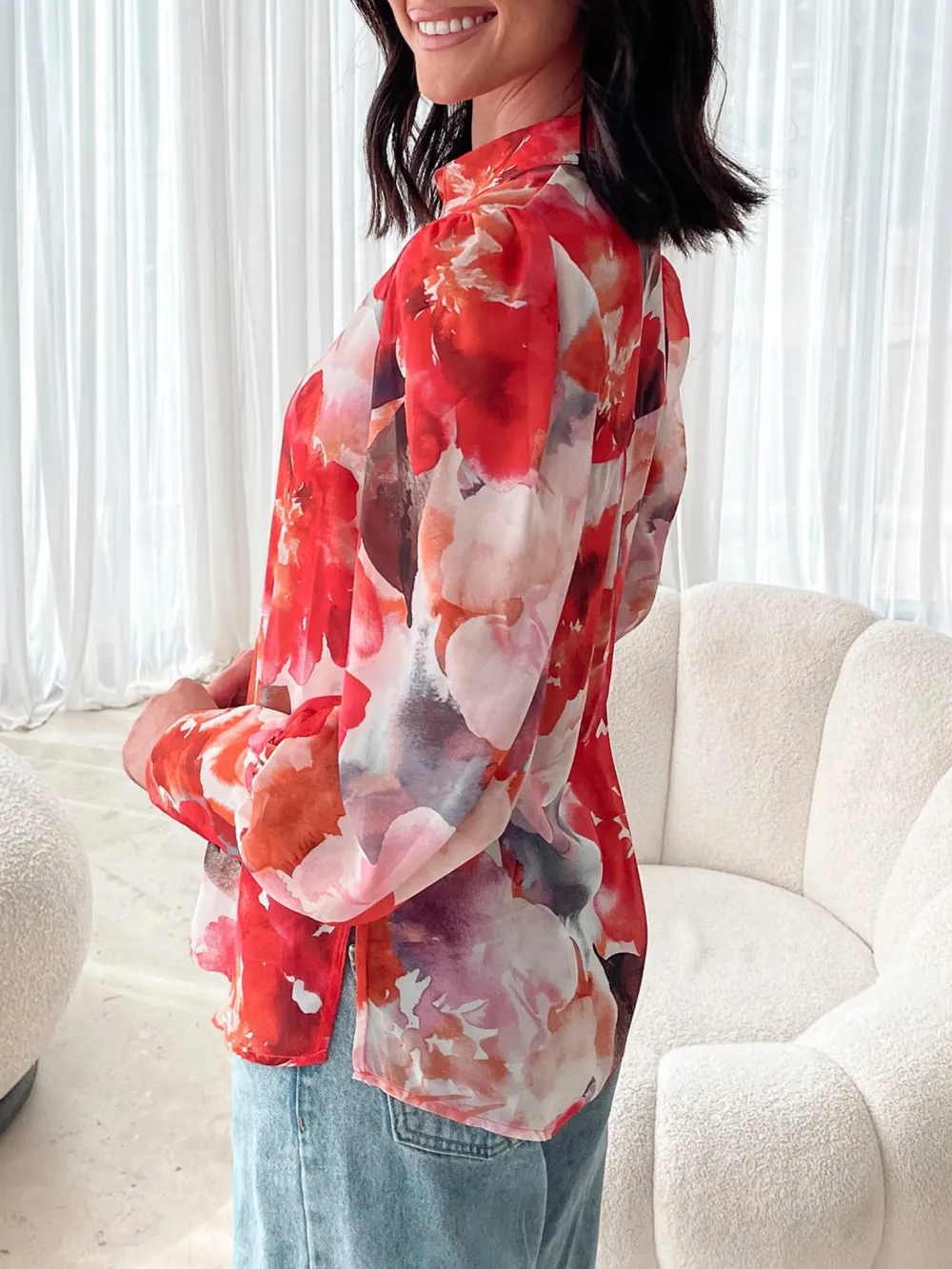 Casual Style Crimson Floral Fleet Blouse