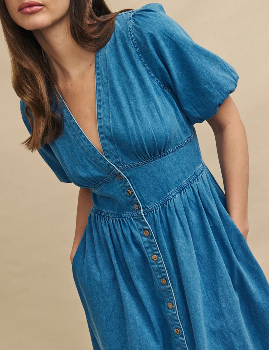 Mid Wash Blue Denim Midi Dress