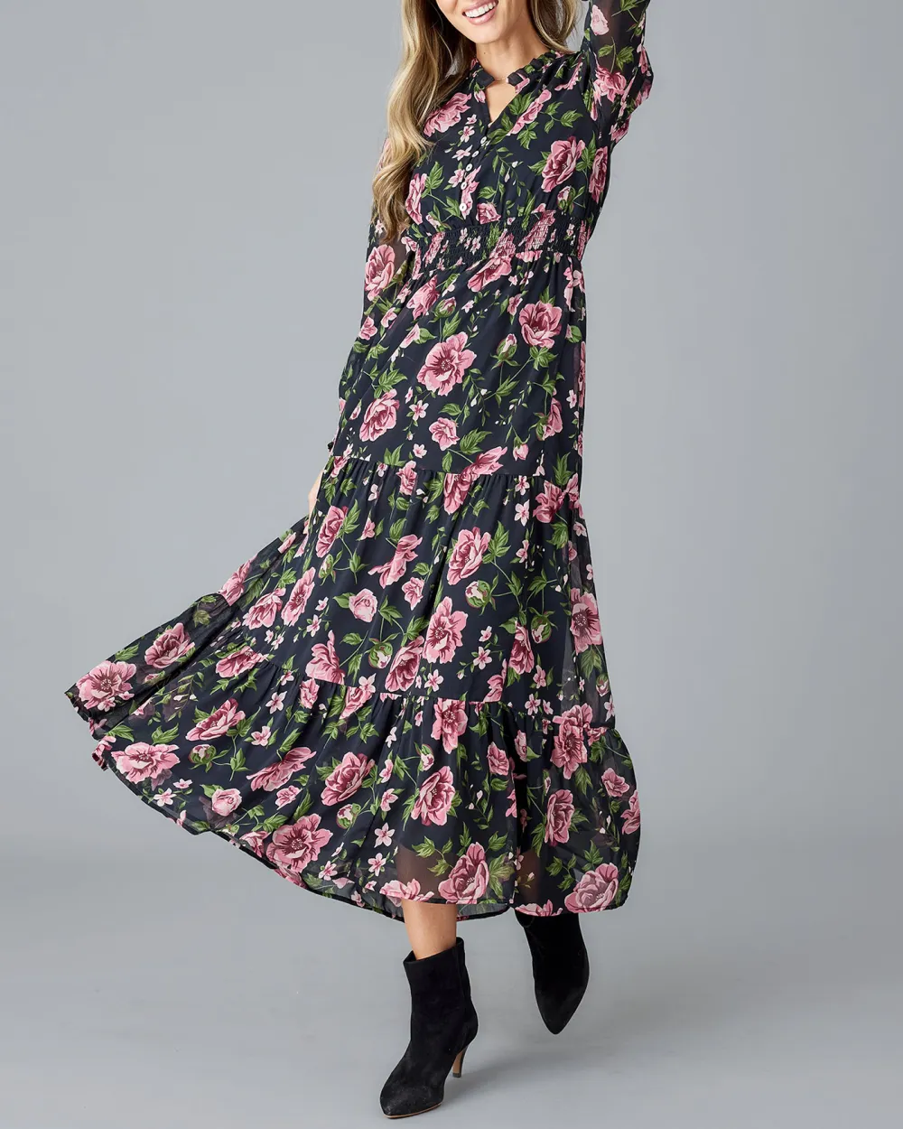 Floral Print Long Sleeved Maxi Dress