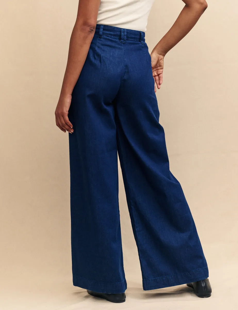 Dark Denim Double Pleat Wide Leg Jean