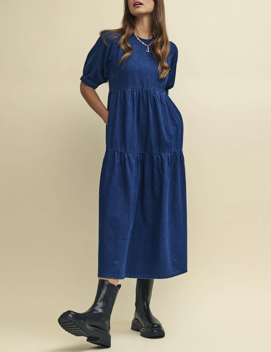 Denim Tiered Skirt Midi Dress