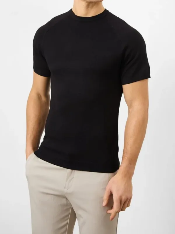 Black Fine Gauge Knitted Soft Simple Stone Polo Shirt