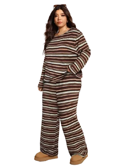 Plus Size Women's Winter Off-Shoulder Striped 2pc Set