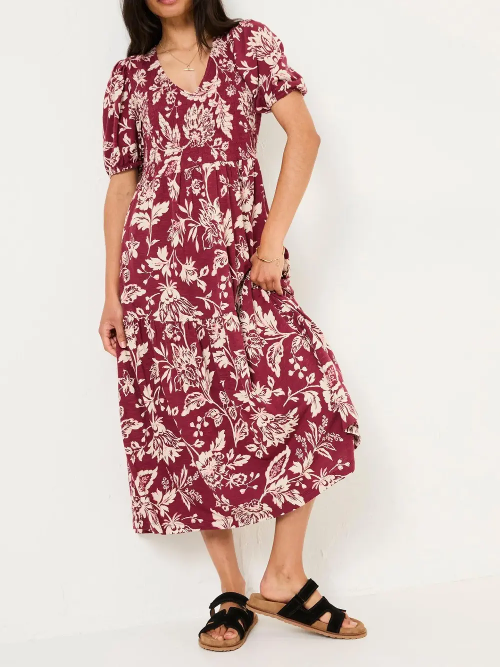 Burgundy Red Floral Short Sleeve Midi Dress