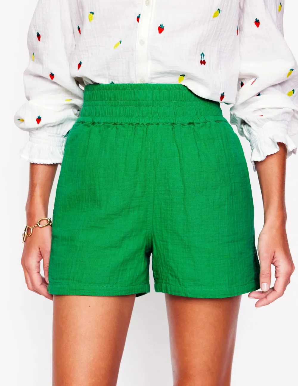Emerald Green Elastic - Waist Linen Shorts