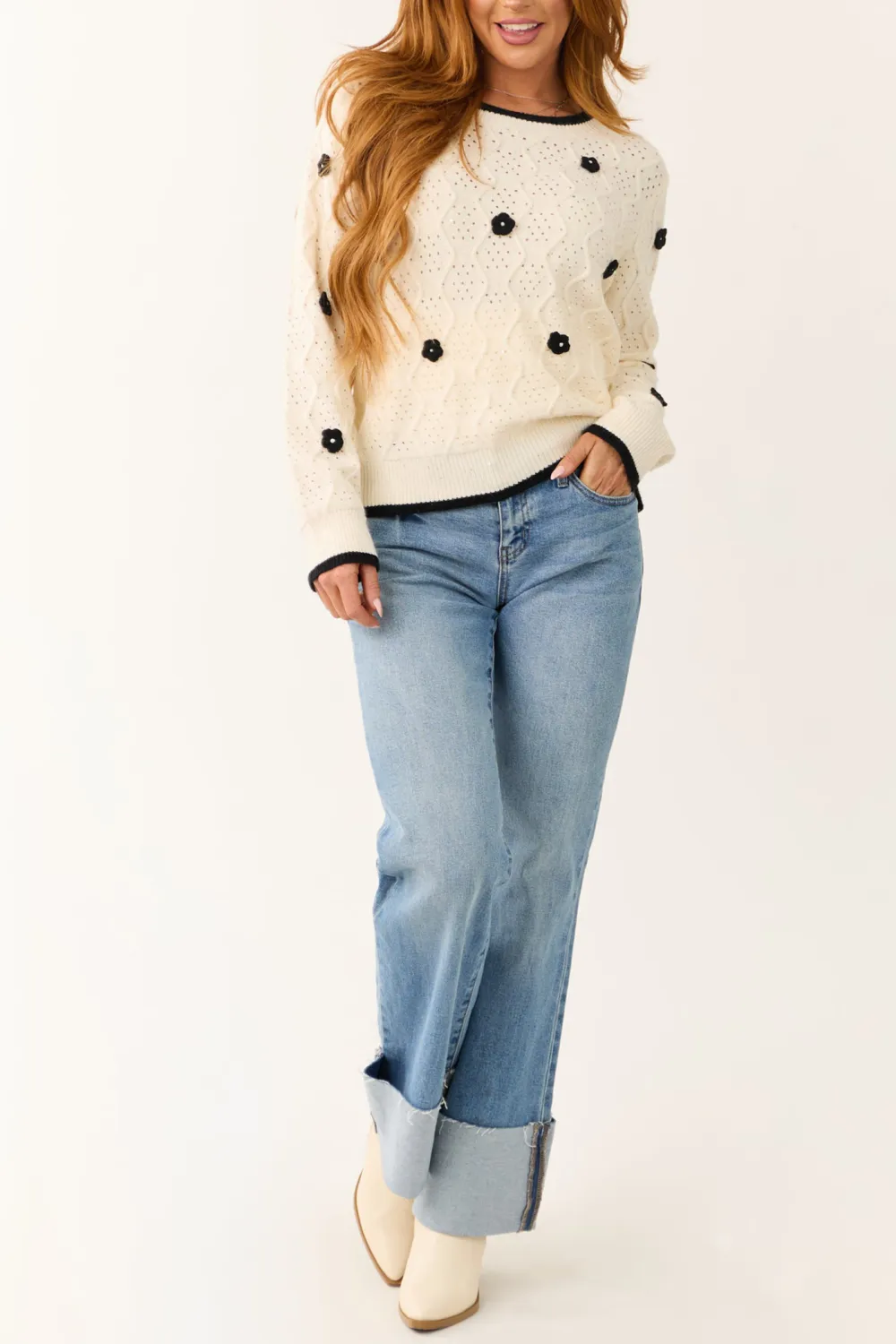 Cream Floral Applique Knit Sweater