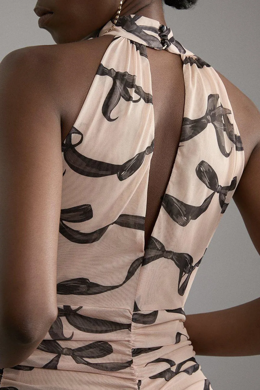 Black Bow Jersey Mesh Halter Ruched Midi Dress