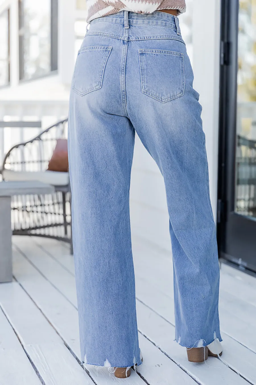 High Rise Light Wash Raw Hem Flare Jeans