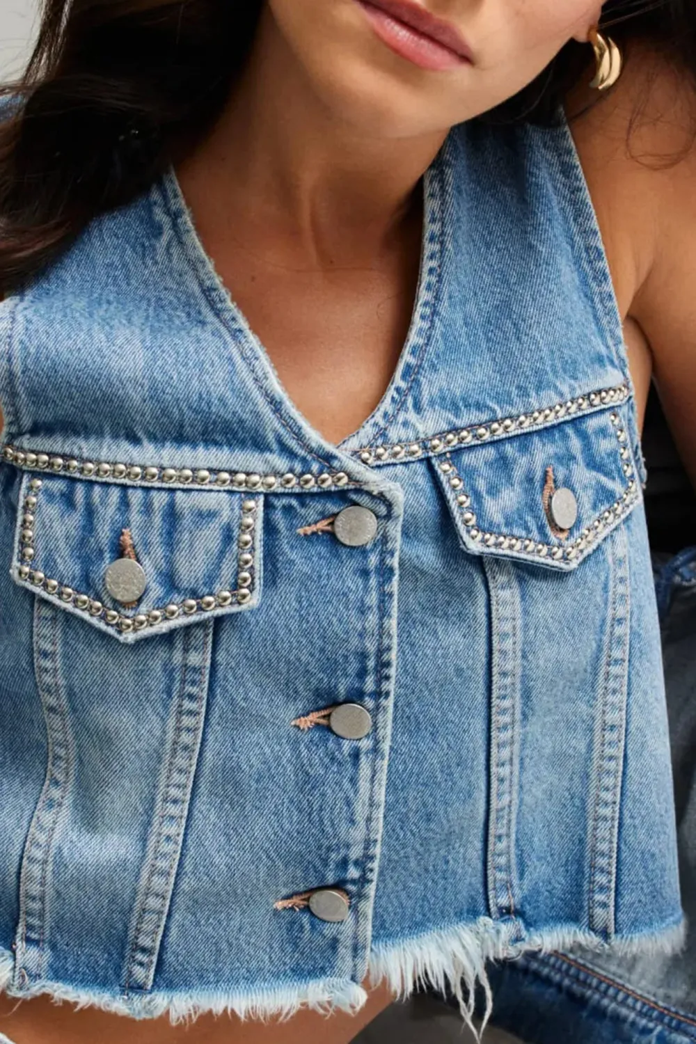Blue Fashionable Frayed Denim Studs Tank Tops