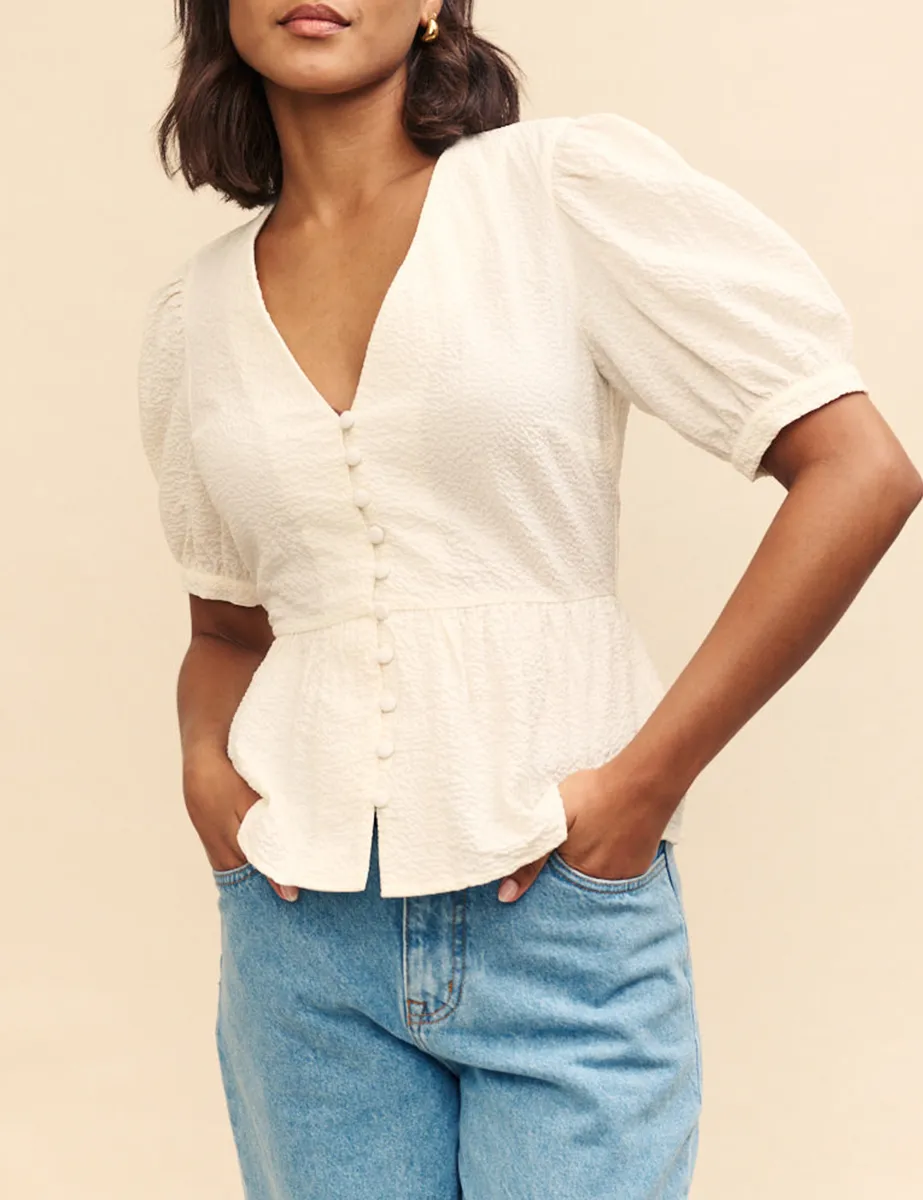 White V-Neck Button Blouse