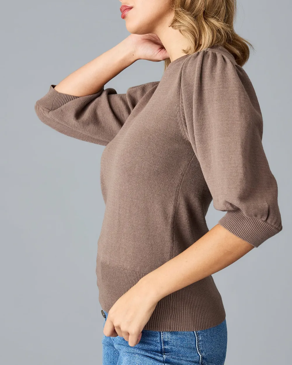 Puff Style Long Sleeves Brown Sweater