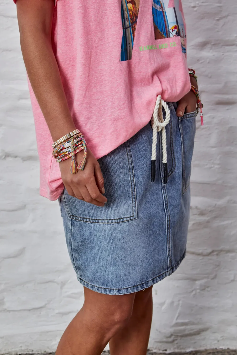 Classic Versatile Blue Drawstring Denim Skirt