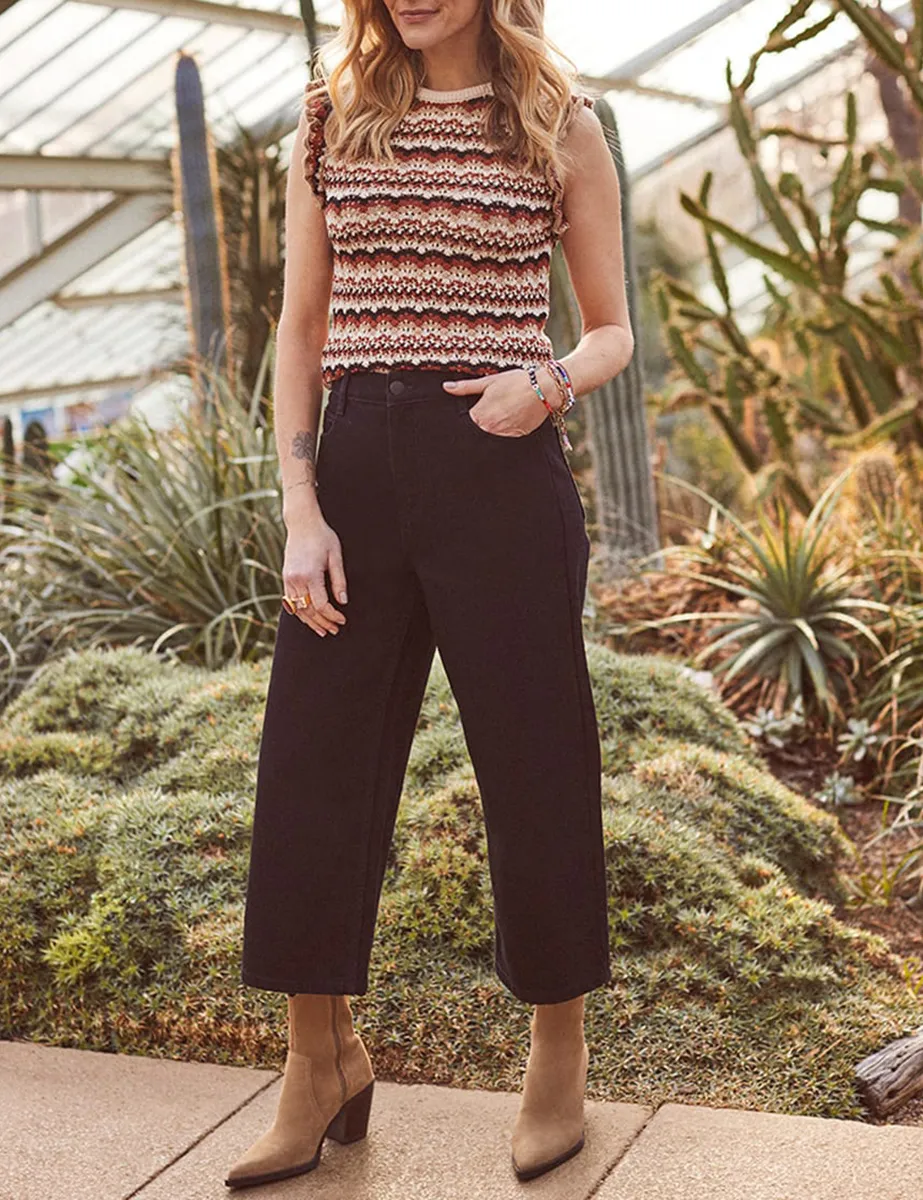 Black Cropped Denim High Rise Wide Leg Jeans