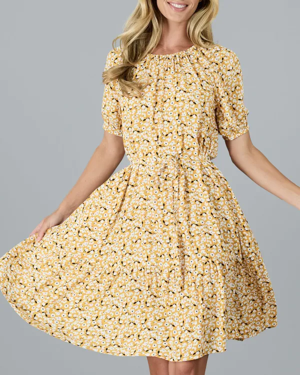 Yellow Floral Print Midi Dress