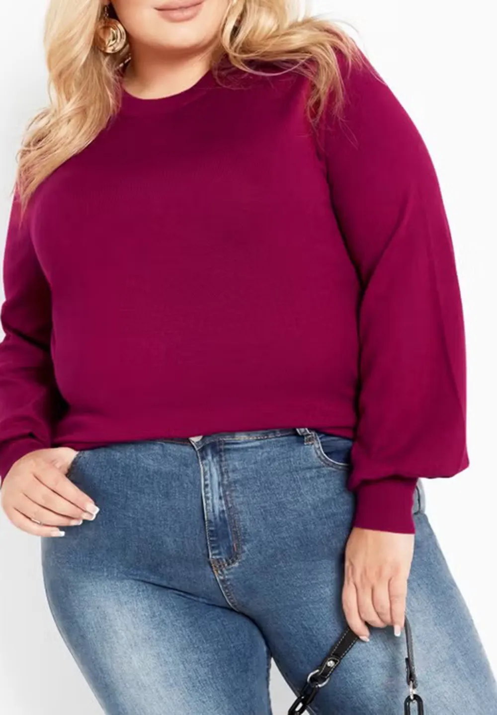 Solid Color Ribbed Cuff Sweater