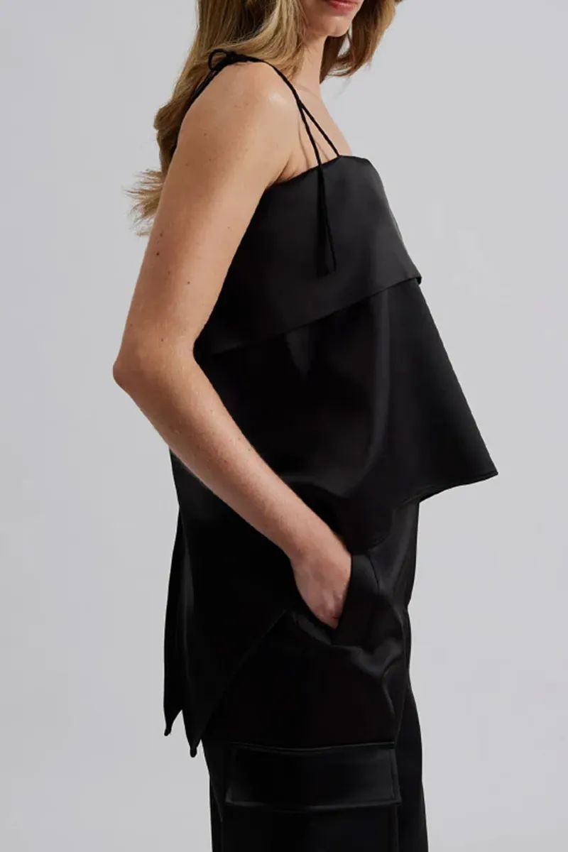 Black Strappy Backless Satin Tops