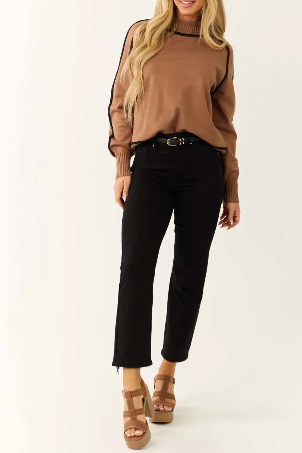 Cognac Contrast Trim Turtleneck Sweater