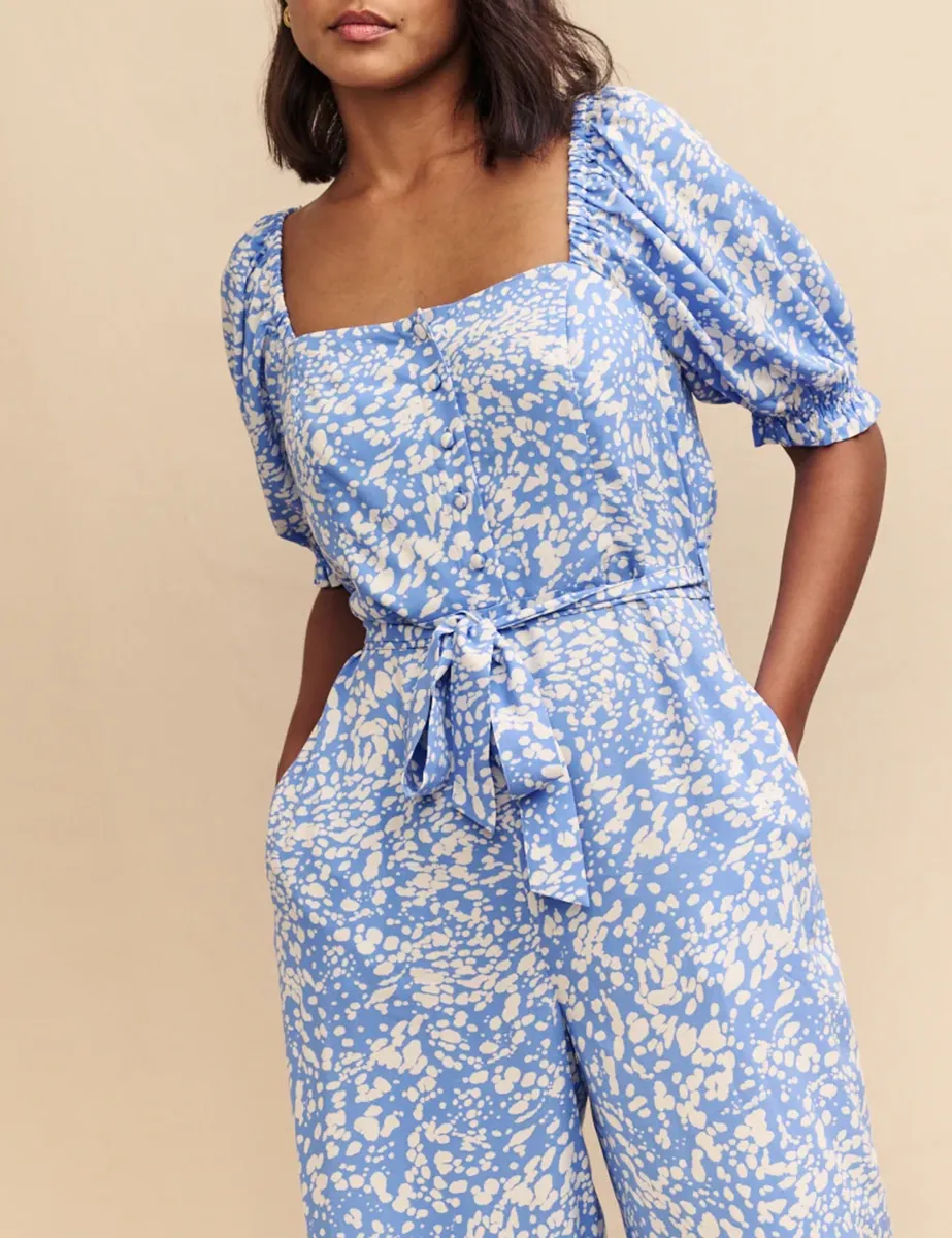 Blue Printed Tie Waist Jumpsuit
