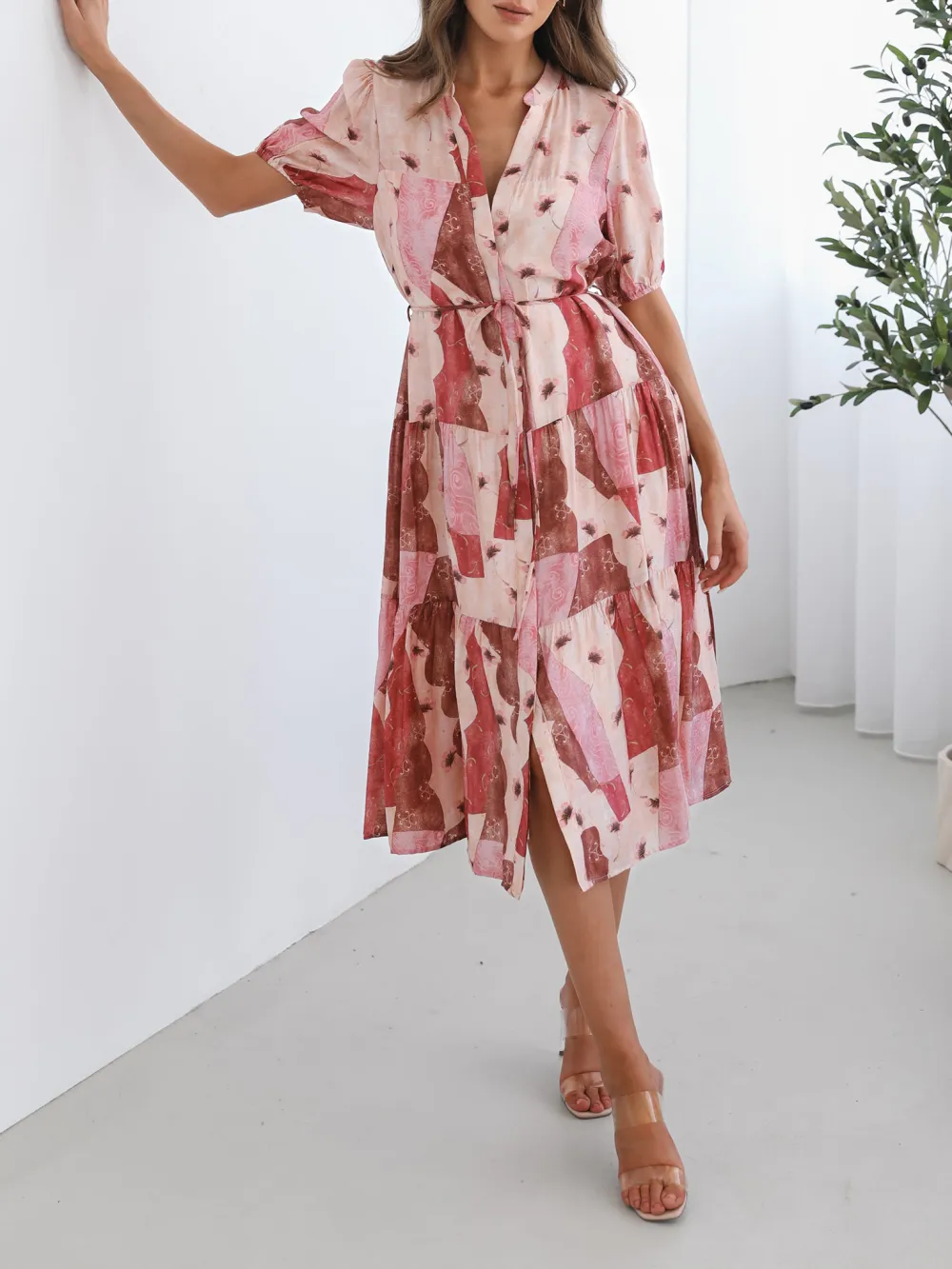 Multi Print Short Puff Sleeves Dress