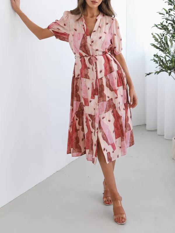 Multi Print Short Puff Sleeves Dress