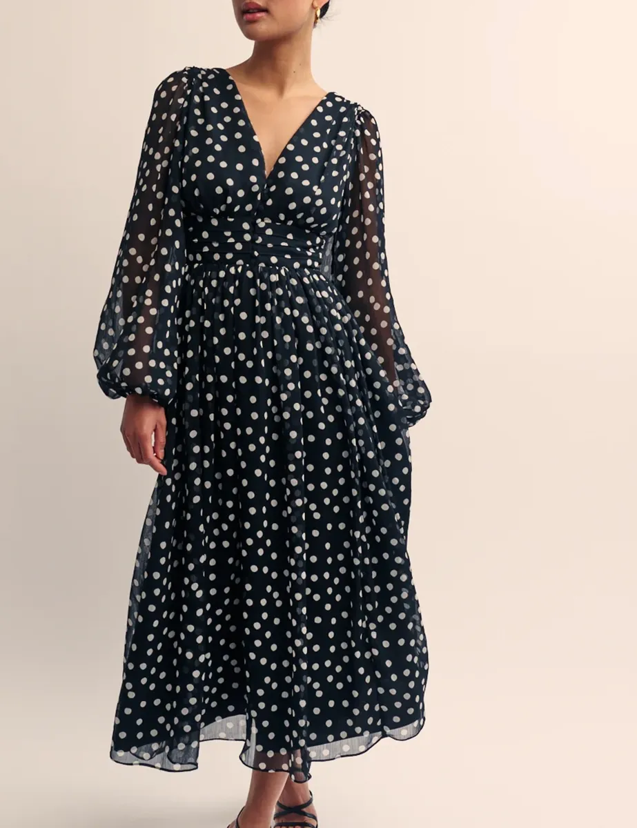 Polka Dot Puff Sleeve Midi Dress
