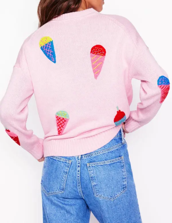 Pink Ice - Cream Embroidered Crew - Neck Sweater