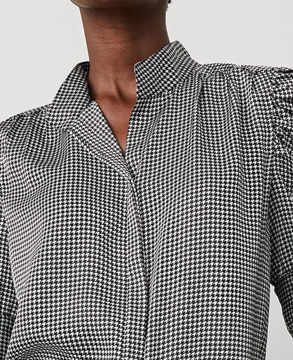 Houndstooth Shirred Puff Sleeve Top