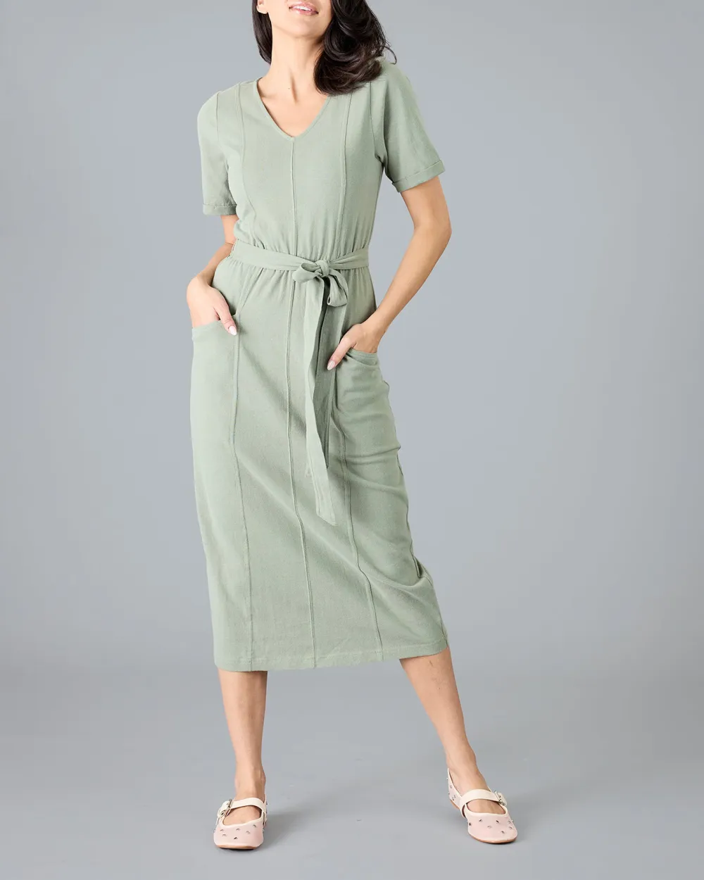Slight Stretch V Neck Midi Dress