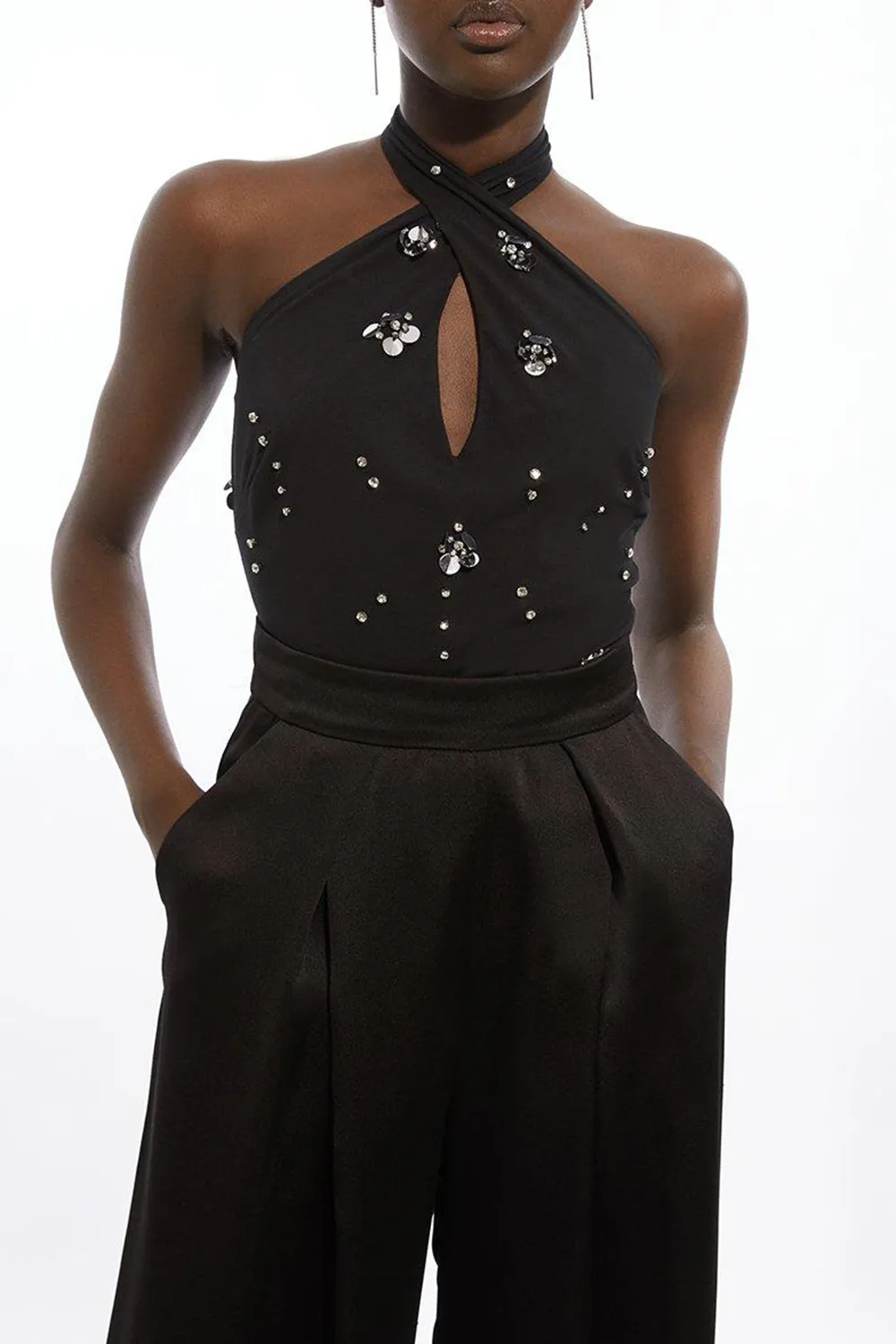 Embellished Stretch Cotton Halterneck Bodysuit