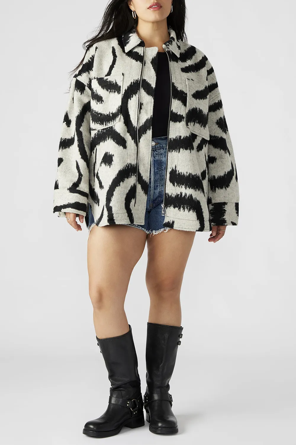 Swirl Print Felt Shacket Jacket White Multi