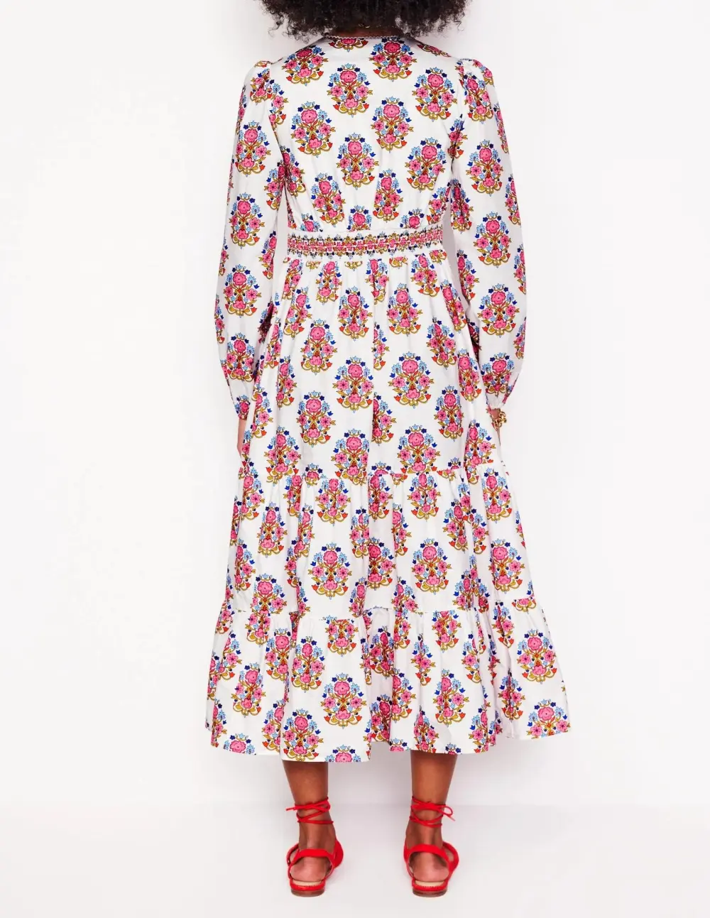 White and Pink Paisley - Print Cotton Midi Dress