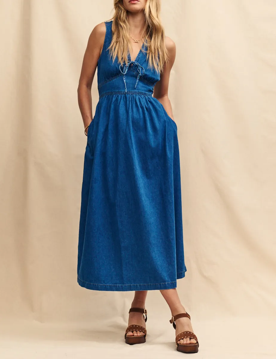 Blue Denim Ruched Waist Midi Dress