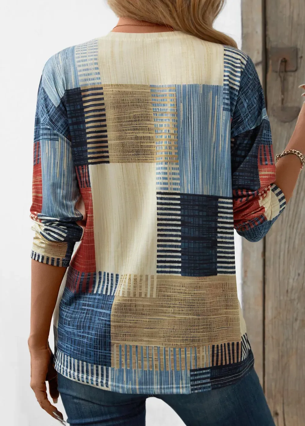 Multi Color Patchwork Geometric Print Long Sleeve T Shirt