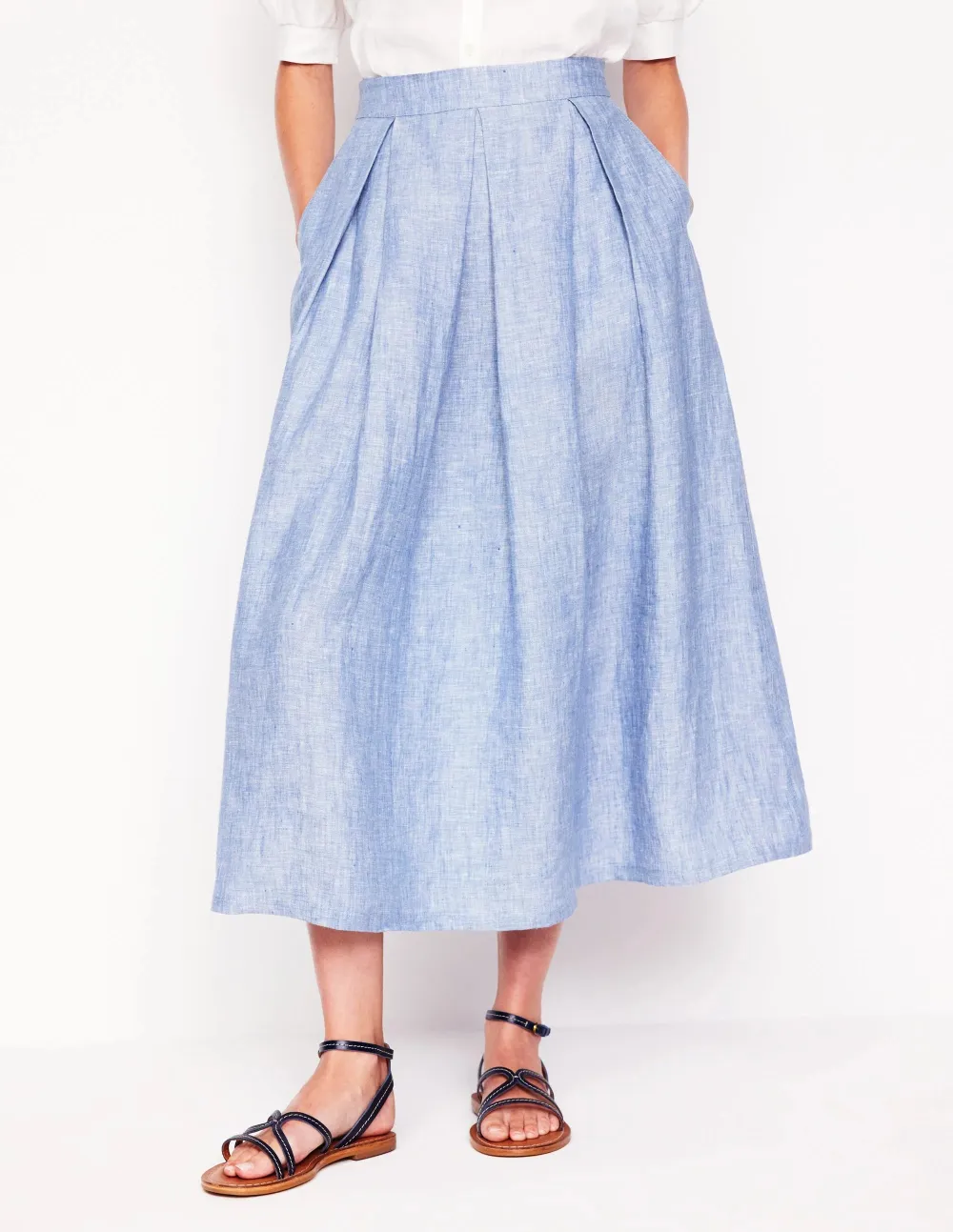 Light Blue Denim Pleated Midi Skirt