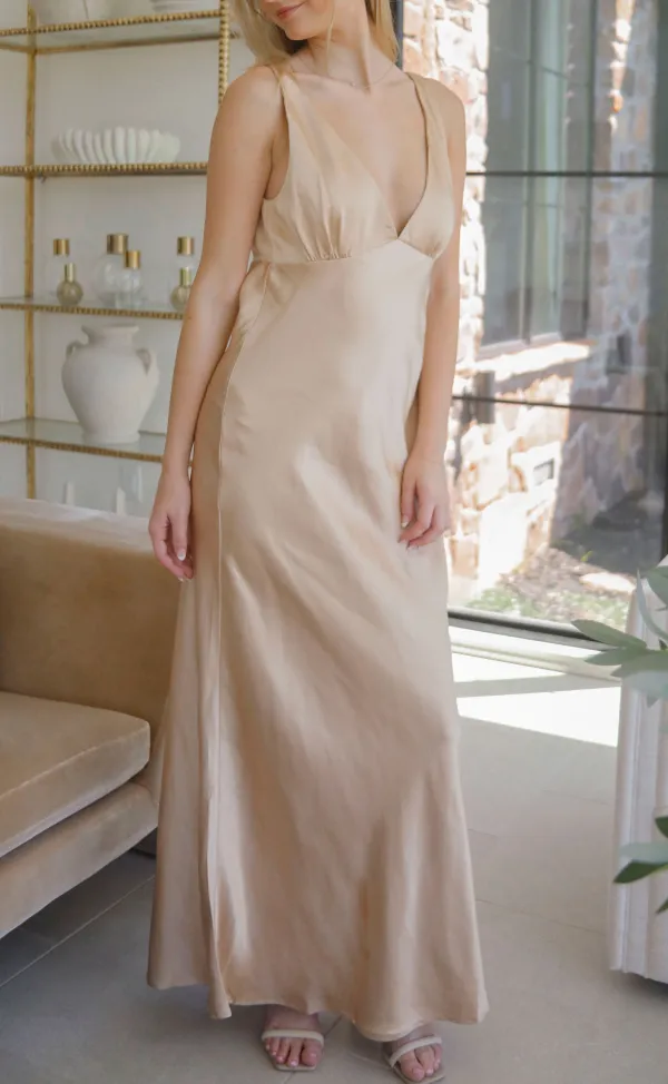Beige V Neck Sleeveless Maxi Dress