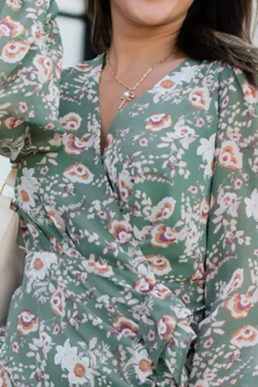 Olive Print Wrap Style Ruffle Dress