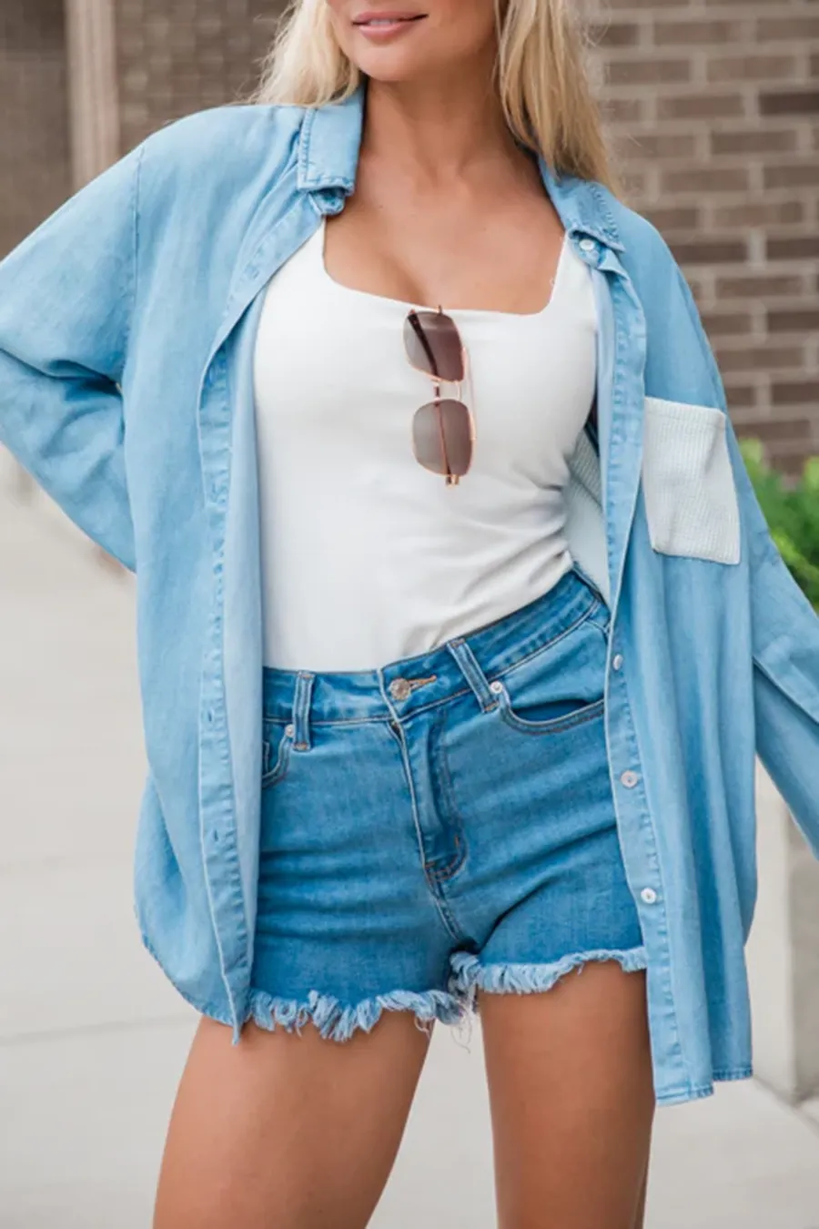 Waffle Detail Chambray Button Front Blouse