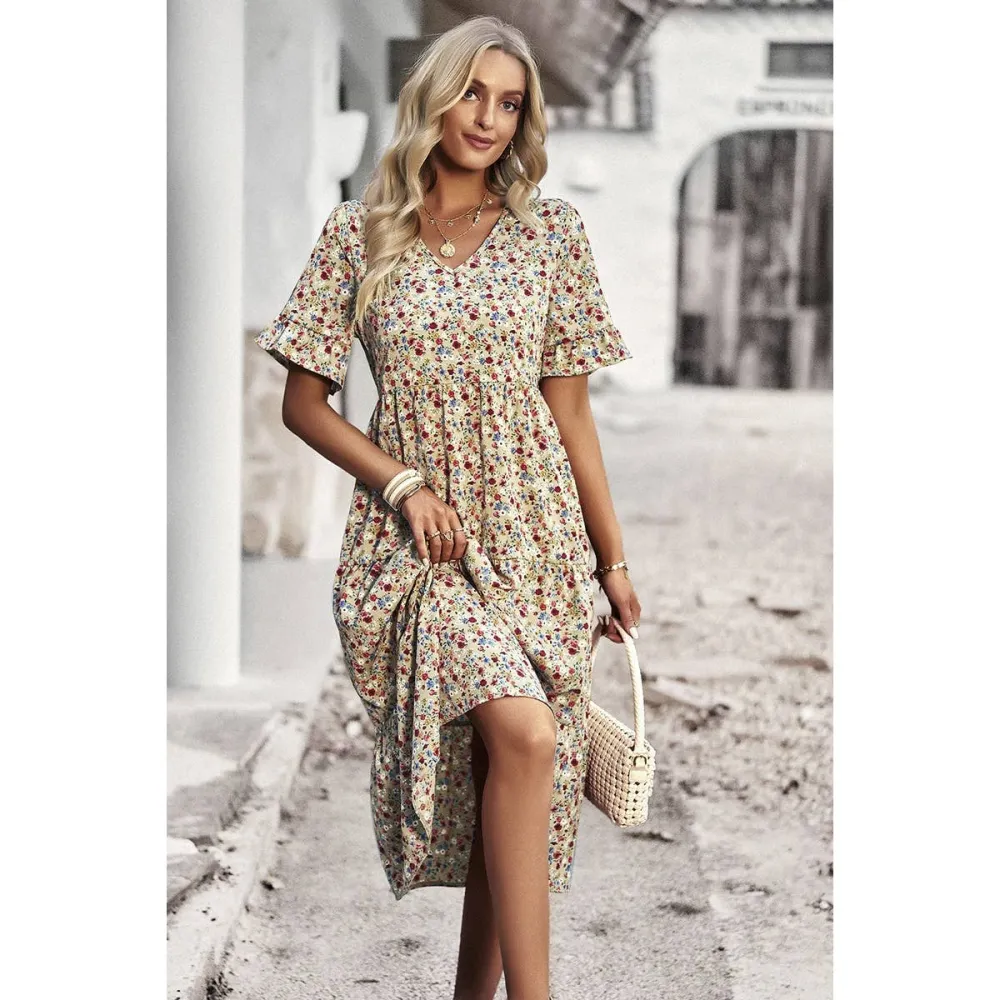 Boho Floral Ruffle-Hem V-Neck Short-Sleeve Dress