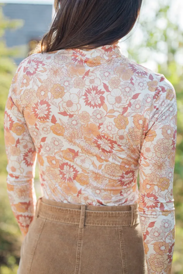 Rust And Mustard Floral Print Mock Neck Bodysuit