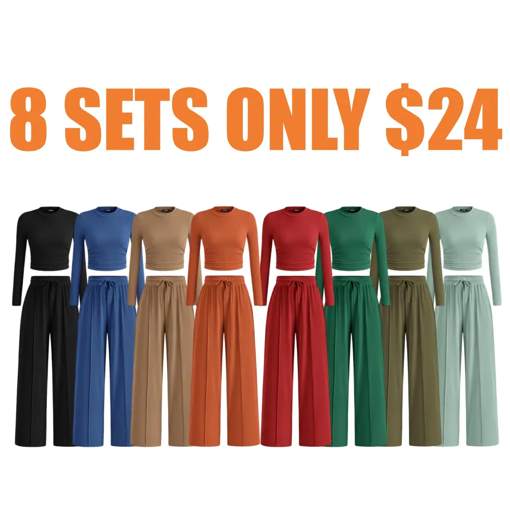 Ribbed Knit Long Sleeve Crop Top Wide Leg Pants