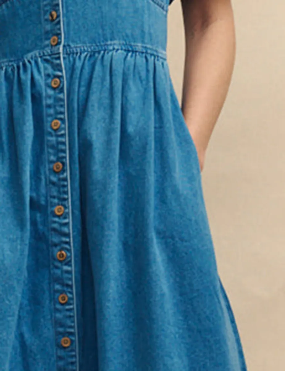 Mid Wash Blue Denim Midi Dress