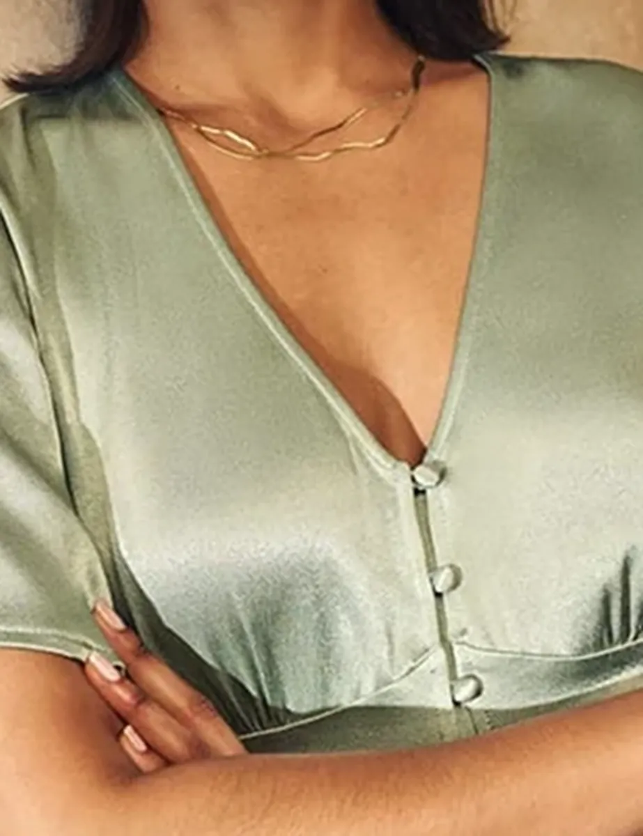 Sage Green Satin V-Neck Maxi Dress