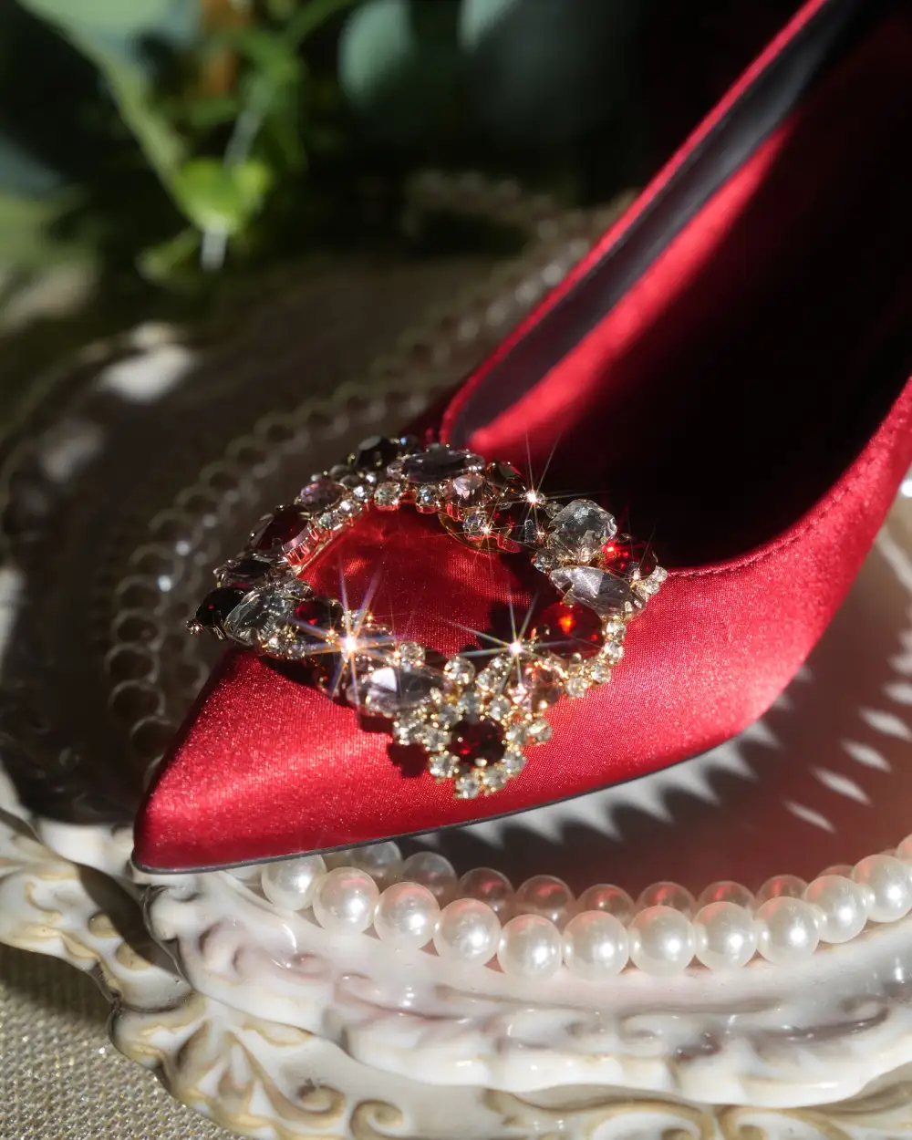 Rhinestone Buckle Satin Pumps in Red