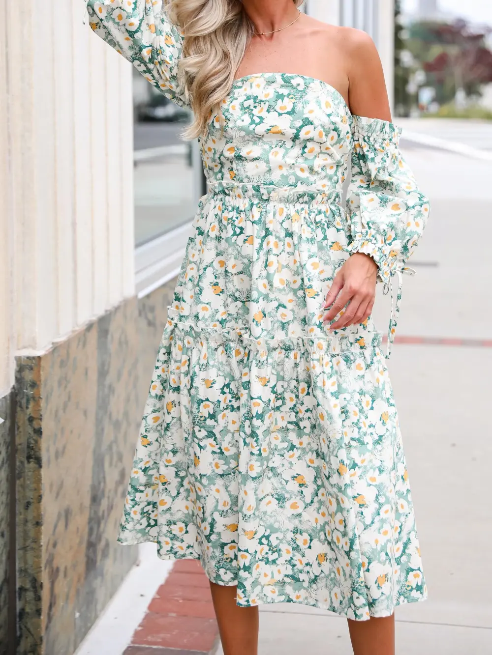 Delightful Aspect Sage Floral Off-The-Shoulder Midi Dress