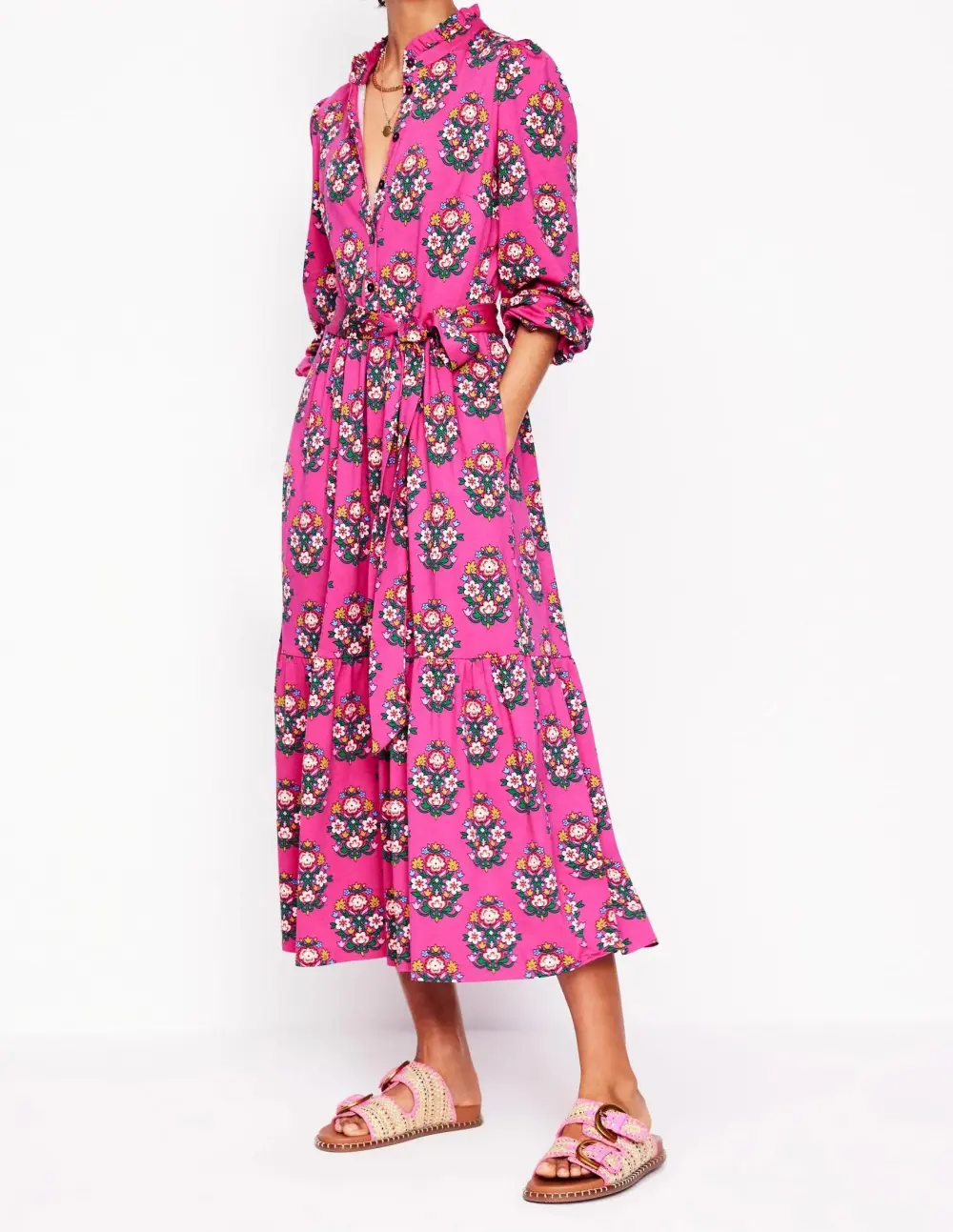 Hot Pink Floral Belted Midi Dress