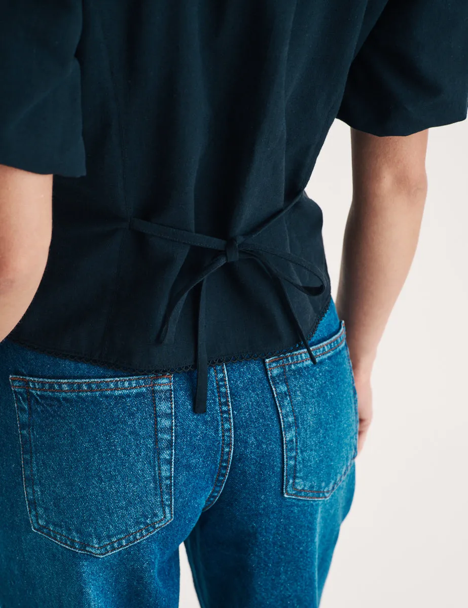 Black Puff Sleeve Button Down Blouse