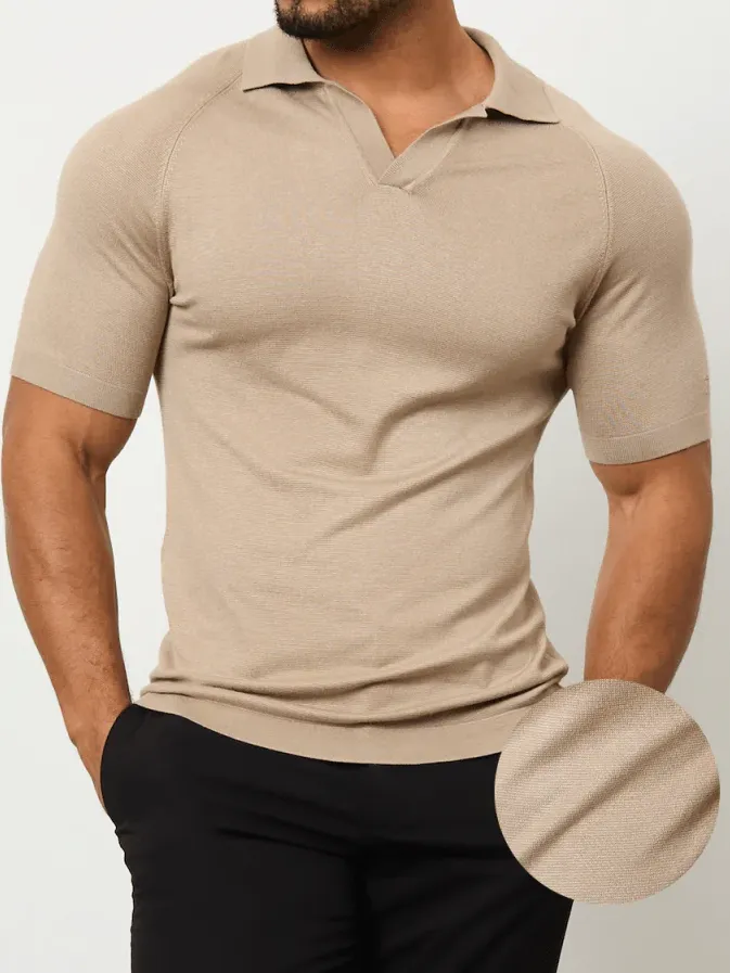 Textured Open Collar Knitted Soft Simple Stone Polo Shirt