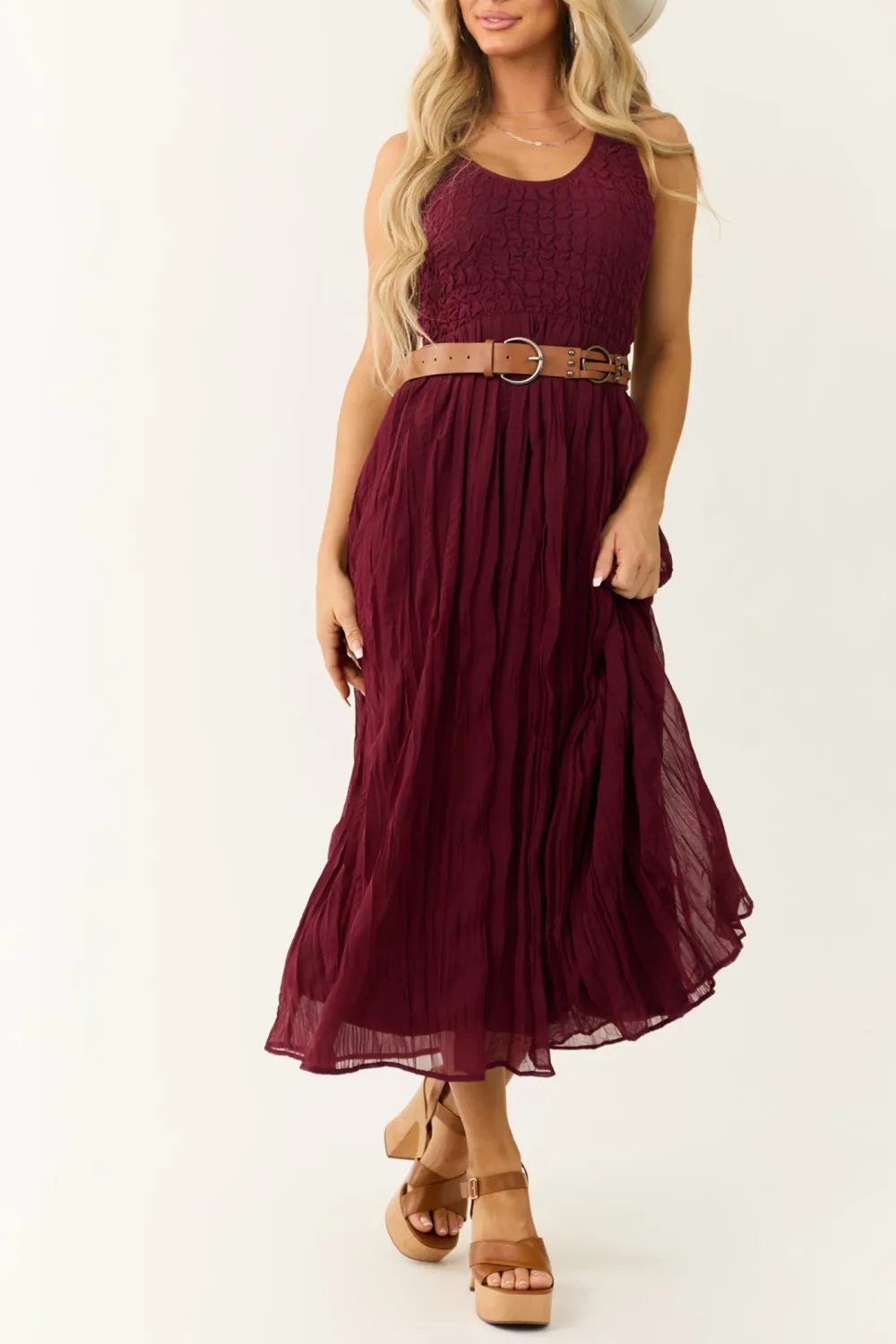 Wine Sleeveless Smocked Scoop Neck Maxi Dress