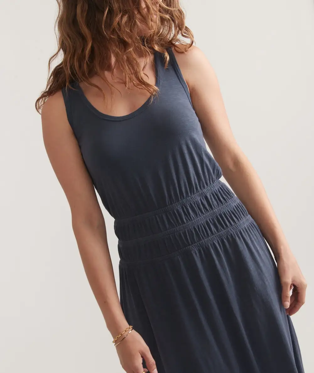 Navy Slub Fabric Midi Dress