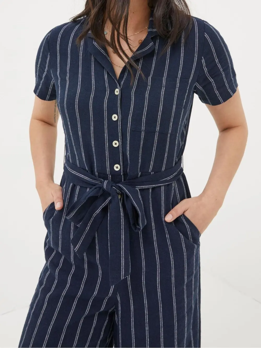 Blue Stripe Linen Blend Jumpsuit